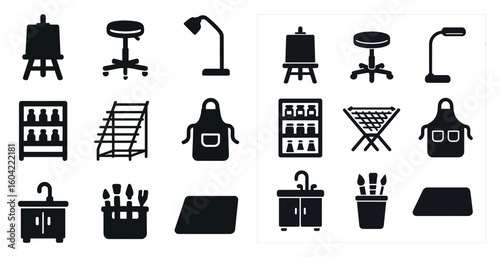 Art studio and tools solid icons set – flat, filled, creativity and workshop symbols