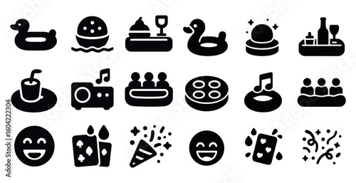 Party and celebration icons set – solid, filled, festive and entertainment symbols