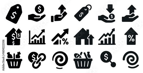 Finance and economy solid icons set – money, currency, investment symbols
