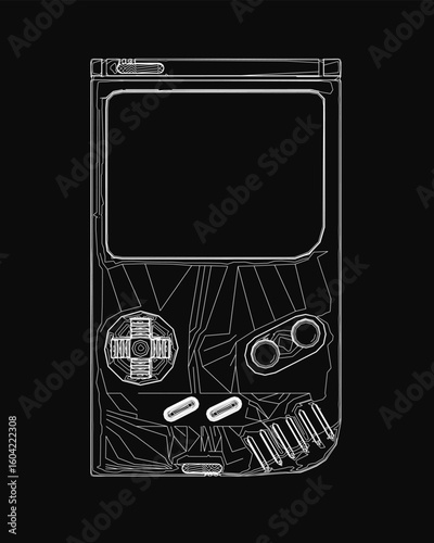 A black and white contour drawing of a video game console with intricate details stands out against a dark background. The design highlights buttons, ports.