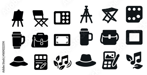 Art and creativity silhouette icons set – solid, filled, artistic and design tools