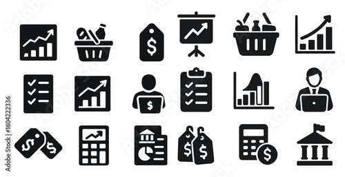 Business and finance solid icons set – professional, filled, economic symbols