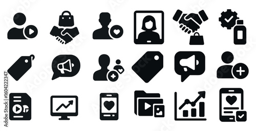 Business and finance solid icons set – filled, flat, corporate and marketing symbols