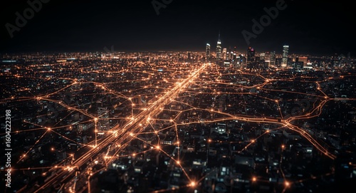 Aerial view of a city at night with bright orange lines resembling a network connection overlayed