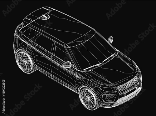 A 3D wireframe model of a car displays its sleek contours and detailed structure on a black background. The clean lines highlight the car's modern design and aerodynamic shape.