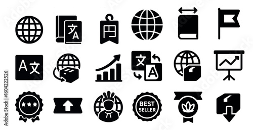 Translation and language solid icons set – filled, linear, communication symbols