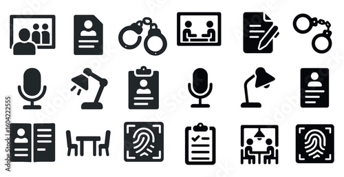 Law and justice solid icons set – filled, legal, courtroom symbols
