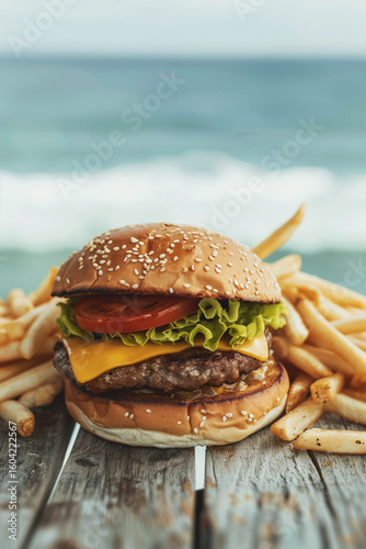 Delicious cheeseburger with fries served on a wooden table near the ocean at sunset