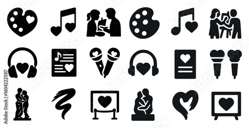 Love and music silhouette icons set – solid, filled, romantic art and audio symbols