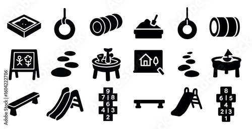 Playground activities silhouette icons set – solid, filled, children’s outdoor games