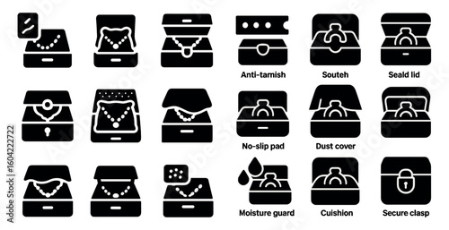 Jewelry storage silhouette icons set - filled, solid, organizer and protection symbols