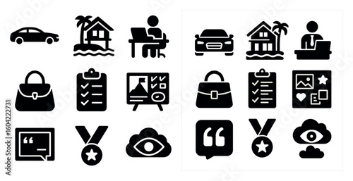 Remote work solid icons set – filled, home office, telecommuting symbols
