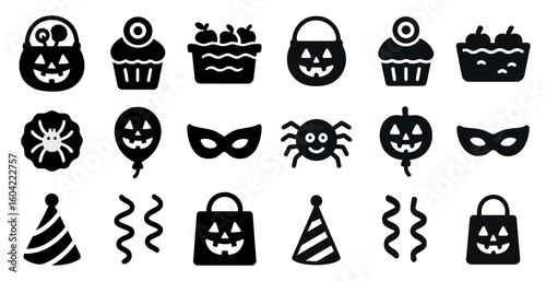 Halloween silhouette icons set – solid, spooky, holiday theme symbols