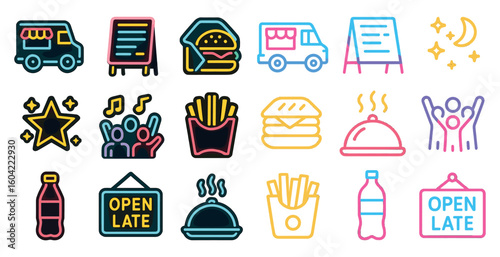 Food and beverage outline icons set – fast food, dining, culinary symbols