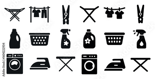 Laundry and housekeeping silhouette icons set – solid, cleaning, domestic tasks