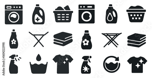 Laundry and cleaning solid icons set – detergent, washing, household symbols