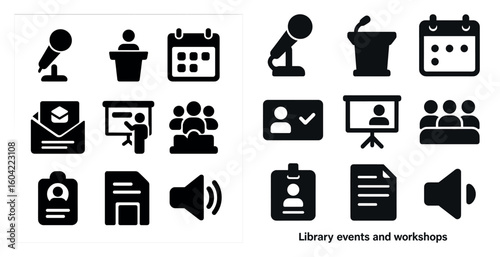 Library events solid icons set – filled, workshop, presentation and speaker symbols
