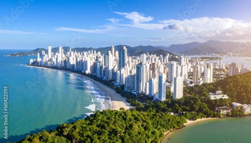 Aerial panoramic cityscape of Balneario Camboriu, Brazil, with beach and skyline