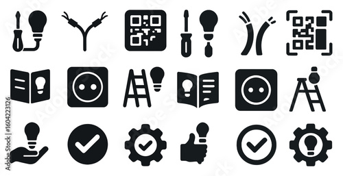 Electrical tools solid icons set – filled, silhouette, maintenance symbols