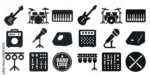 Music and instruments silhouette icons set – flat, filled, sound and audio symbols