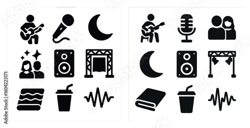 Music and performance filled icons set – solid, silhouette, concert and festival graphics