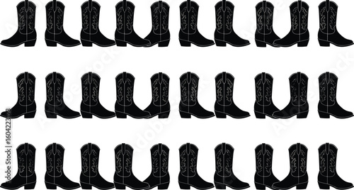 Western cowboy boots vector set, black leather boots with intricate stitching, vintage country footwear illustrations, stylish western wear icons.