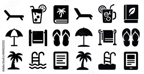 Summer vacation silhouette icons set – beach, travel, holiday symbols