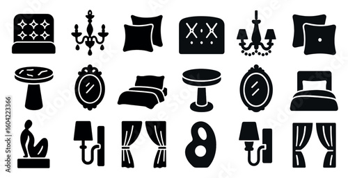 Home decor solid icons set – furniture, lamps, interior design elements