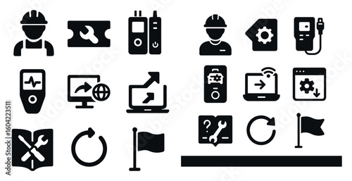 Construction and engineering solid icons set – filled tools, maintenance, repair symbols