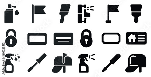Cleaning tools silhouette icons set – solid symbols for housekeeping and maintenance