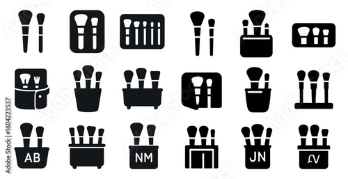 Makeup tools silhouette icons set – beauty, brush, cosmetic essentials symbols