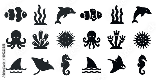 Marine life solid icons set – silhouette, aquatic, ocean and sea creature symbols