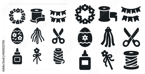 Easter and crafts silhouette icons set – filled, floral, holiday decoration symbols