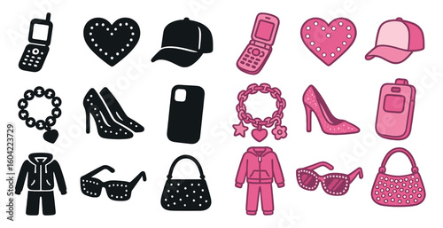 Fashion and accessories icon set – silhouette, filled, style symbols