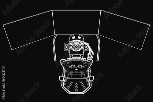 A sleek black and white contour drawing of a racing simulator chair features clean minimalist lines, a comfortable seat design, and a futuristic steering wheel for an immersive gaming experience.