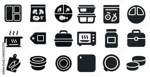 Meal prep solid icons set – kitchen, cooking, food storage symbols