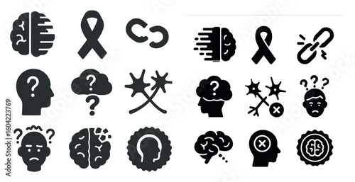 Mental health solid icons set – therapy, psychology, brain wellness symbols