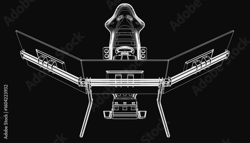 A sleek black and white drone features an integrated gaming chair with a comfortable seat, designed for immersive simulator experiences. The contour lines emphasize its futuristic and ergonomic.