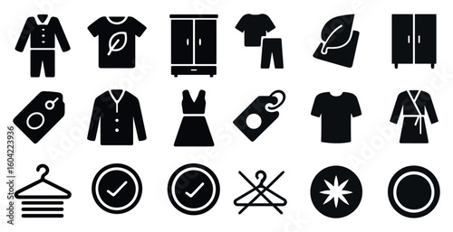 Sustainable fashion silhouette icons set – eco-friendly, green apparel symbols