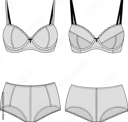 Lingerie set illustration, stylish bras and panties design, lace detail intimate wear, women’s fashion concept art, comfort-focused garment sketch, elegant apparel template vector