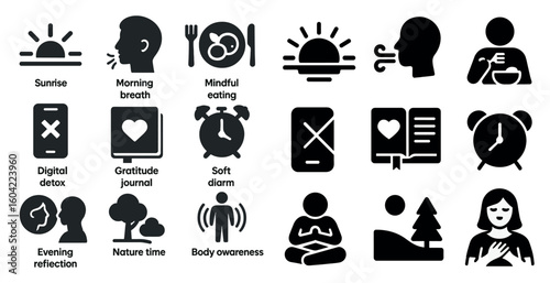 Wellness and mindfulness silhouette icons set – meditation, relaxation, self-care symbols