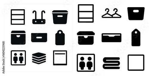 Storage and organization solid icons set – boxed, filled, container symbols