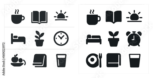 Daily routine solid icons set – filled, flat, morning and evening activity symbols
