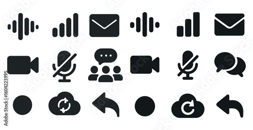Communication and media solid icons set – silhouette, conversation, digital symbols