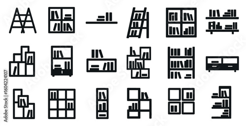 Bookshelf silhouette icons set – solid, filled, library and book storage symbols