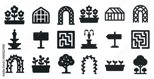 Garden solid icons set – outline, silhouette, outdoor and plant symbols