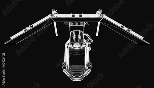 A sleek black and white contour drawing of a racing simulator chair features clean minimalist lines, a comfortable seat design, and a futuristic steering wheel for an immersive gaming experience.