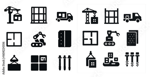 Construction and industrial solid icons set – filled, building and machinery symbols