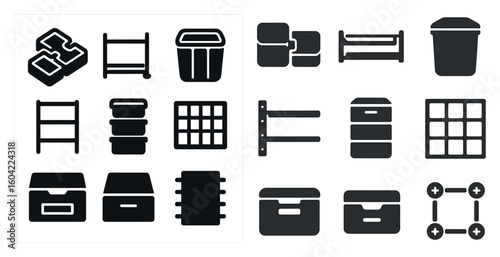 Storage and organization solid icons set – silhouette, container, catalog symbols