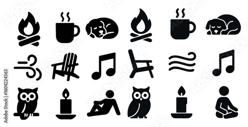 Cozy and relaxation icons set – solid, filled, calming and peaceful symbols